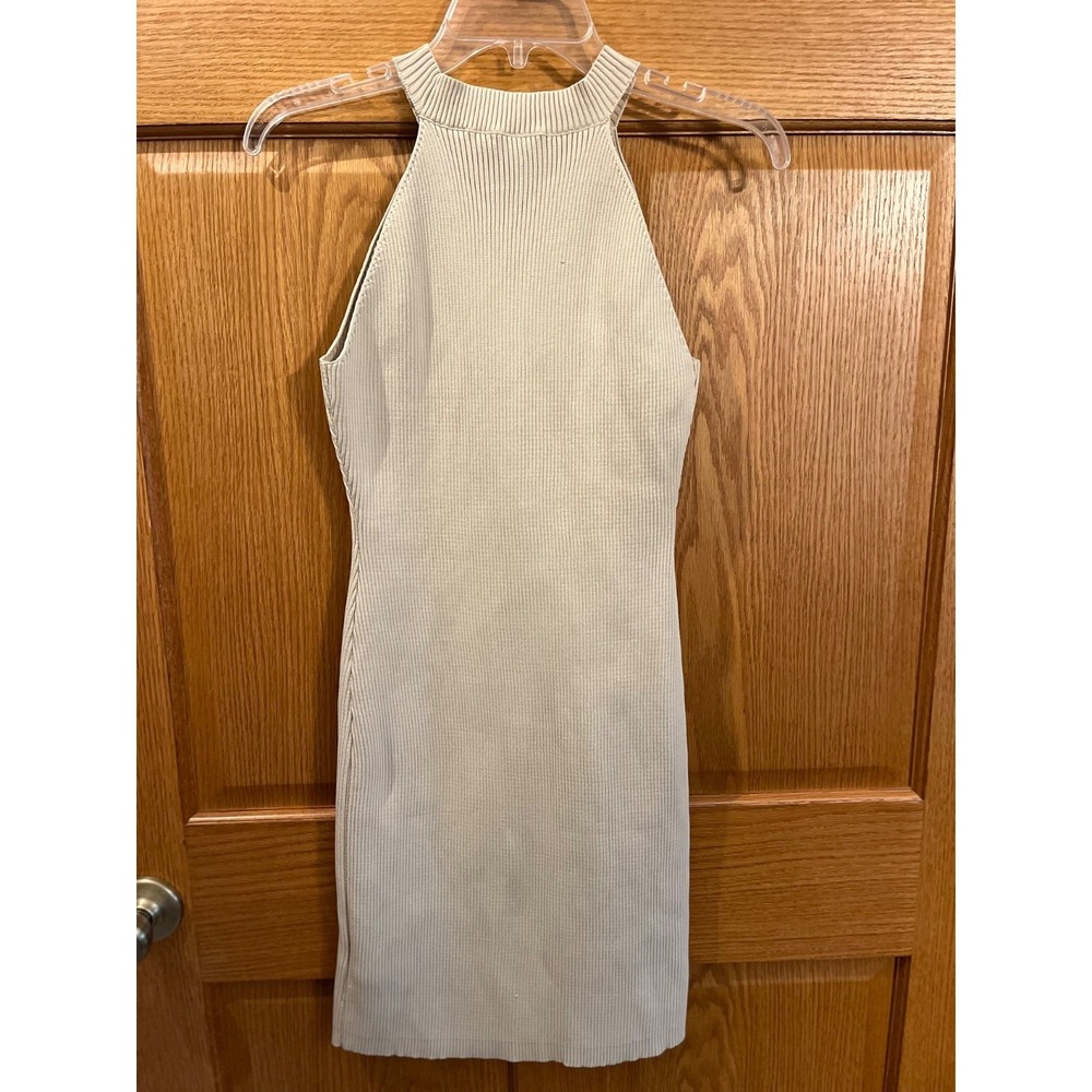 90s Minimalist Clean Girl Quiet Luxury Beige Halter Ribbed Knit Bodycon Dress M - Picture 5 of 8